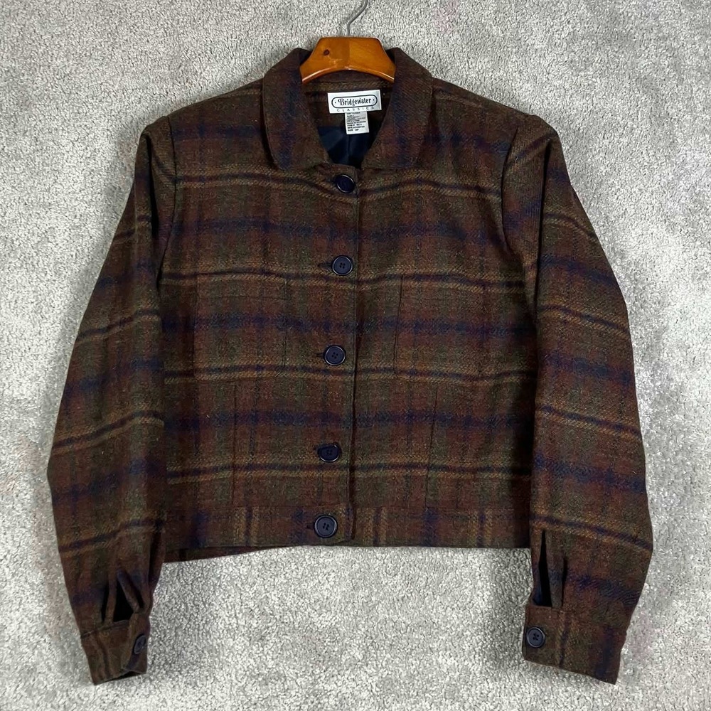 VTG Bridgewater Classics Jacket Cropped Brown Plaid 100% Wool Womens 10P
